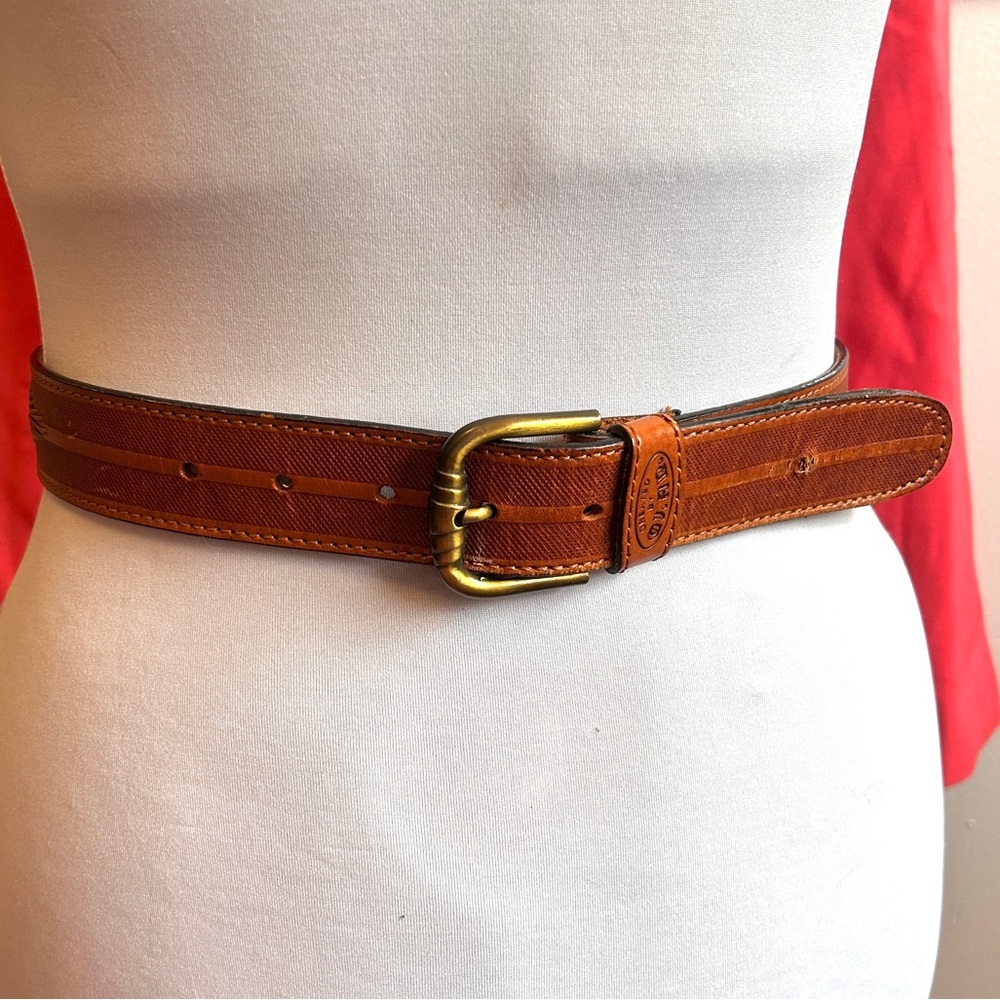 Italian Leather Embroidered Belt Vintage MJR Brown Western Boho Brass Buckle